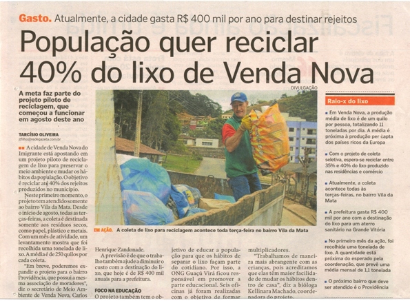 População quer reciclar 40% do lixo de Venda Nova